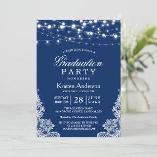 2024 Graduation Party String Lights Lace Navy Blue Invitation