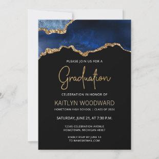 2024 Graduation Photo Blue Agate Gold Glitter Invitation