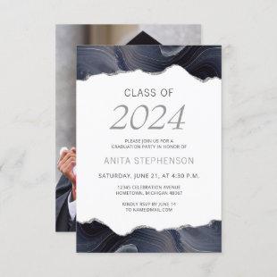 2024 Graduation Photo Blue Gray Agate Invitation