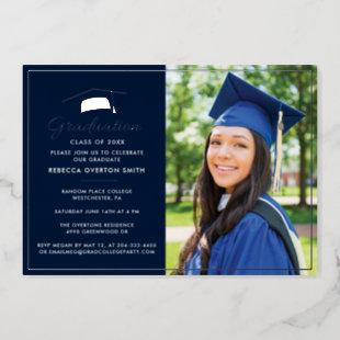 2024 Graduation Photo Navy Blue Party Silver Foil Invitation