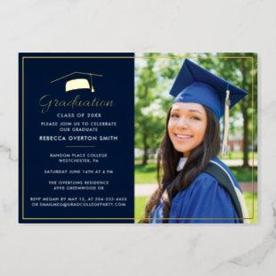 2024 Graduation Photo Navy Blue Script Party Gold Foil Invitation