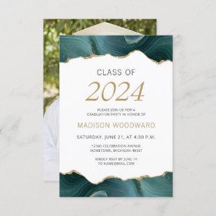 2024 Graduation Photo Teal Gold Agate Invitation