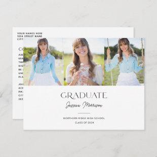 2024 Minimalist Black & White 3 Photos Graduation Postcard