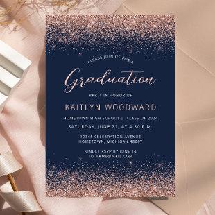 2024 Navy Blue Rose Gold Glitter Graduation Party Invitation