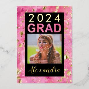 2024 Pink Gold Watercolor Art Photo Graduation Foil Invitation