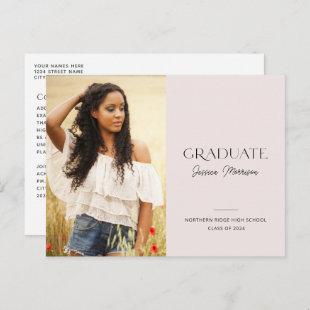 2024 Simple Modern Blush Pink 1-Photo Graduation Postcard