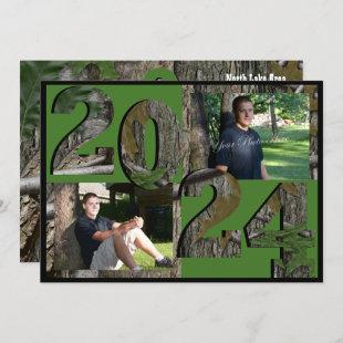 2024 Tree Camo Graduation Twin Photo Hunter Green Invitation