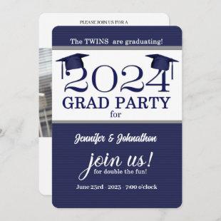 2024 Twin Graduate Blue Pinstripe Photo Graduation Invitation