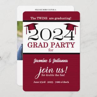 2024 Twin Graduate Red Pinstripe Photo Graduation Invitation