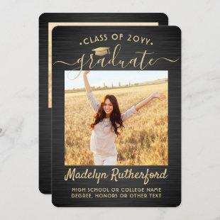 2 Photo Brushed Black and Gold Script Graduation Announcement