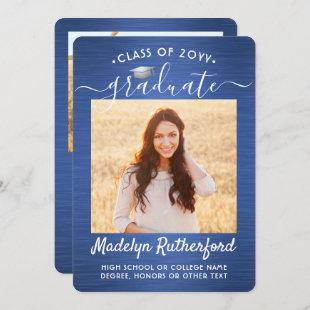 2 Photo Brushed Blue and White Script Graduation Announcement