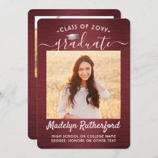 2 Photo Brushed Red and White Script Graduation Announcement
