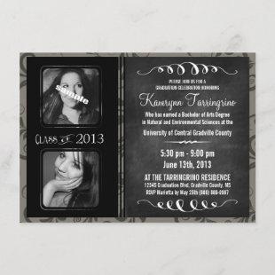 2 Photo Chalkboard Graduation Grayscale Damask Invitation