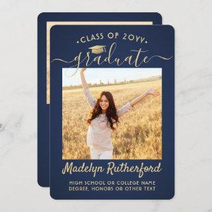 2 Photo Class Year Navy and Gold Script Graduation Announcement