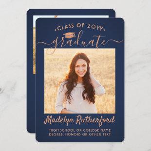 2 Photo Class Year Navy Blue and Copper Graduation Announcement