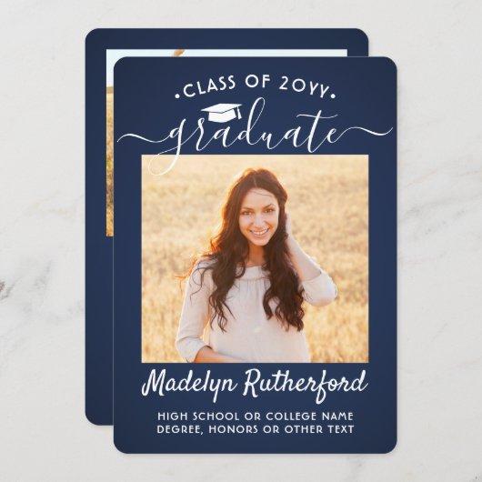2 Photo Class Year Navy Blue and White Graduation Announcement