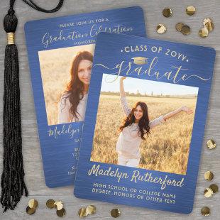 2 Photo Graduation Modern Script Brushed Blue Gold Invitation