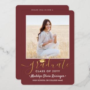 2 Photo Graduation Party Burgundy White and Gold Foil Invitation