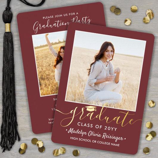 2 Photo Graduation Party Burgundy White and Gold Foil Invitation