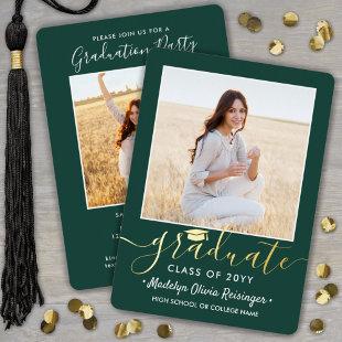 2 Photo Graduation Party Green White and Gold Foil Invitation