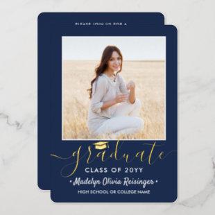 2 Photo Graduation Party Navy Blue White and Gold Foil Invitation