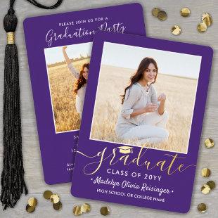 2 Photo Graduation Party Purple White and Gold Foil Invitation