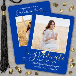 2 Photo Graduation Party Royal Blue White and Gold Foil Invitation