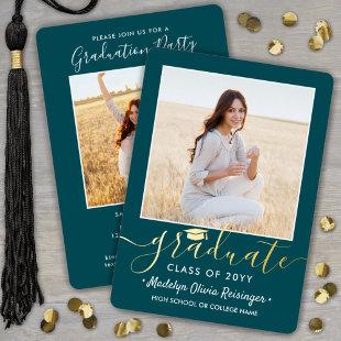 2 Photo Graduation Party Teal White and Gold Foil Invitation