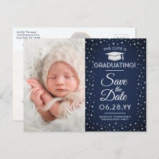 2 Photo Graduation Save the Date Navy Blue Glitter Announcement Postcard