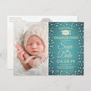 2 Photo Graduation Save the Date Teal Gold Glitter Announcement Postcard