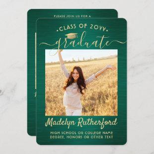 2 Photo Graduation Script Brushed Green and Gold Invitation