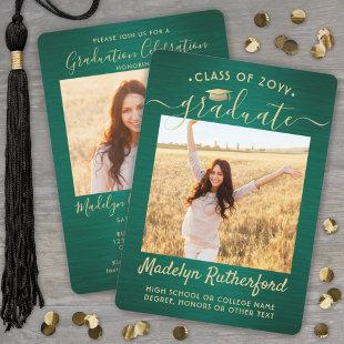 2 Photo Graduation Script Brushed Green and Gold Invitation