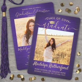 2 Photo Graduation Script Brushed Purple and Gold Invitation
