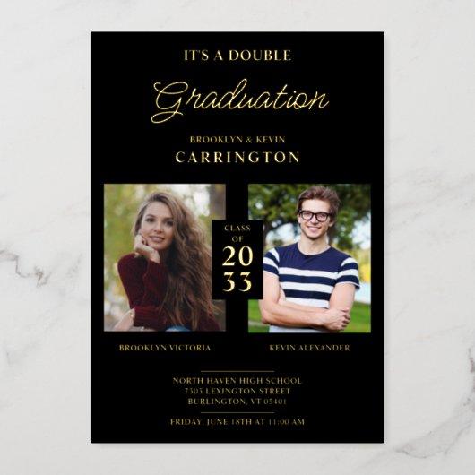 2 Photos Double Twins Graduation Real Golden Black Foil Invitation