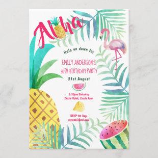 30th Tropical Pineapple Birthday Invites Flamingo