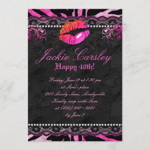 311 Lace Diamonds Birthday Party Zebra Pink Lips Invitation