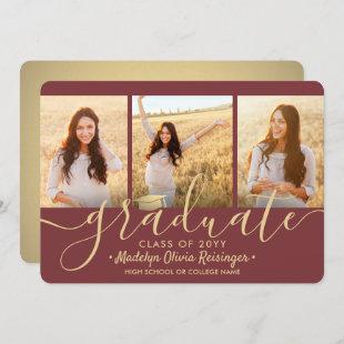 3 Photo Collage Burgundy and Gold Graduation Party Invitation