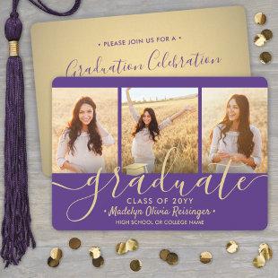 3 Photo Collage Purple and Gold Graduation Party Invitation