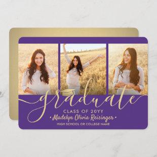 3 Photo Collage Purple and Gold Graduation Party Invitation