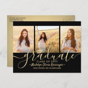 3 Photo Collage Script Black and Gold Graduation A Announcement Postcard