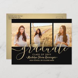 3 Photo Collage Script Black and Gold Graduation A Announcement Postcard
