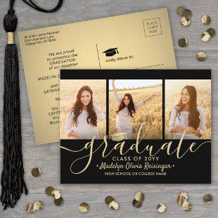 3 Photo Collage Script Black and Gold Graduation Announcement Postcard