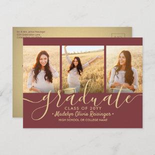 3 Photo Collage Script Burgundy & Gold Graduation Announcement Postcard