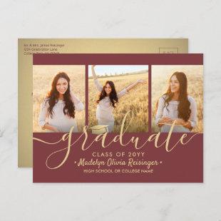 3 Photo Collage Script Burgundy & Gold Graduation Announcement Postcard