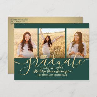 3 Photo Collage Script Green and Gold Graduation Announcement Postcard