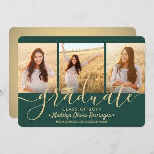 3 Photo Collage Script Green Gold Graduation Party Invitation