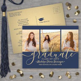 3 Photo Collage Script Navy Blue & Gold Graduation Announcement Postcard
