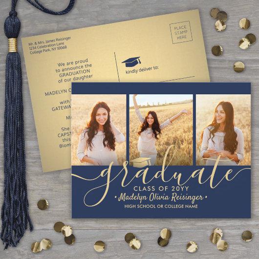 3 Photo Collage Script Navy Blue & Gold Graduation Announcement Postcard