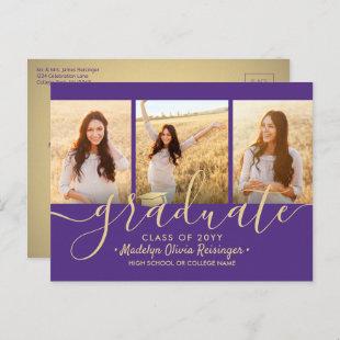 3 Photo Collage Script Purple and Gold Graduation Announcement Postcard