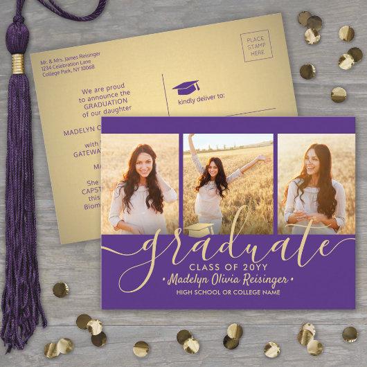 3 Photo Collage Script Purple and Gold Graduation Announcement Postcard
